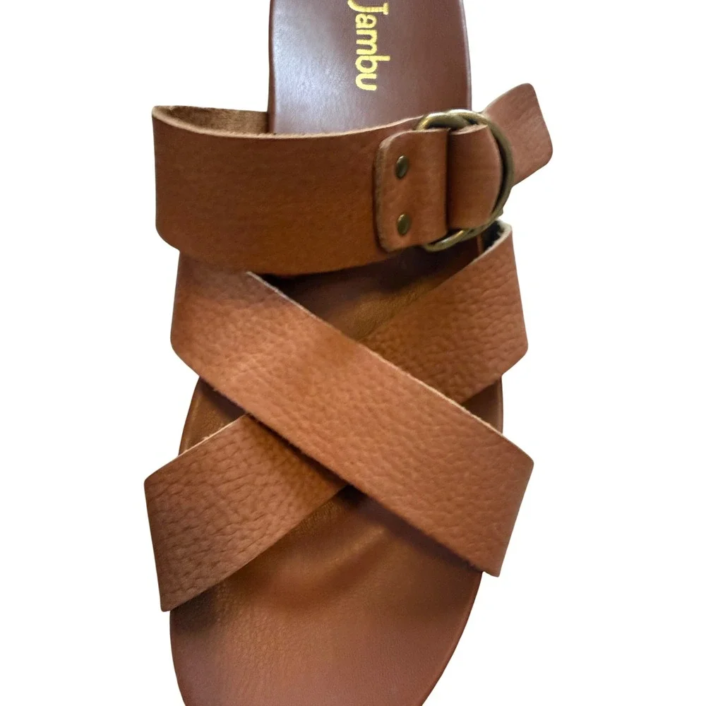 Jambu Brown Leather Platform Sandals Sz 7.5-8‎ Crisscross Buckle-Pre-Loved